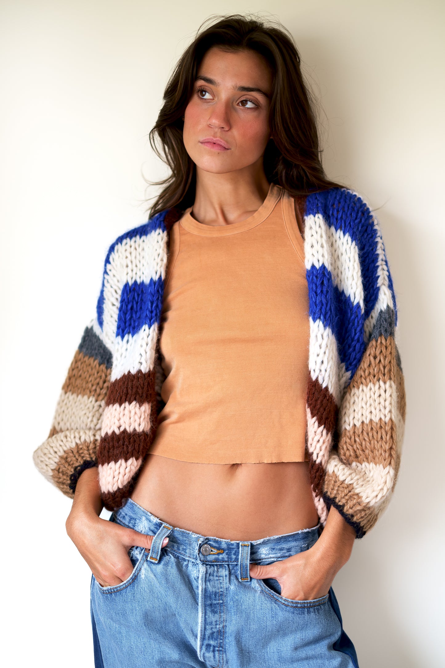 Maiami Chunky Alpaca Bomber Cardigan in Nougat Stripes