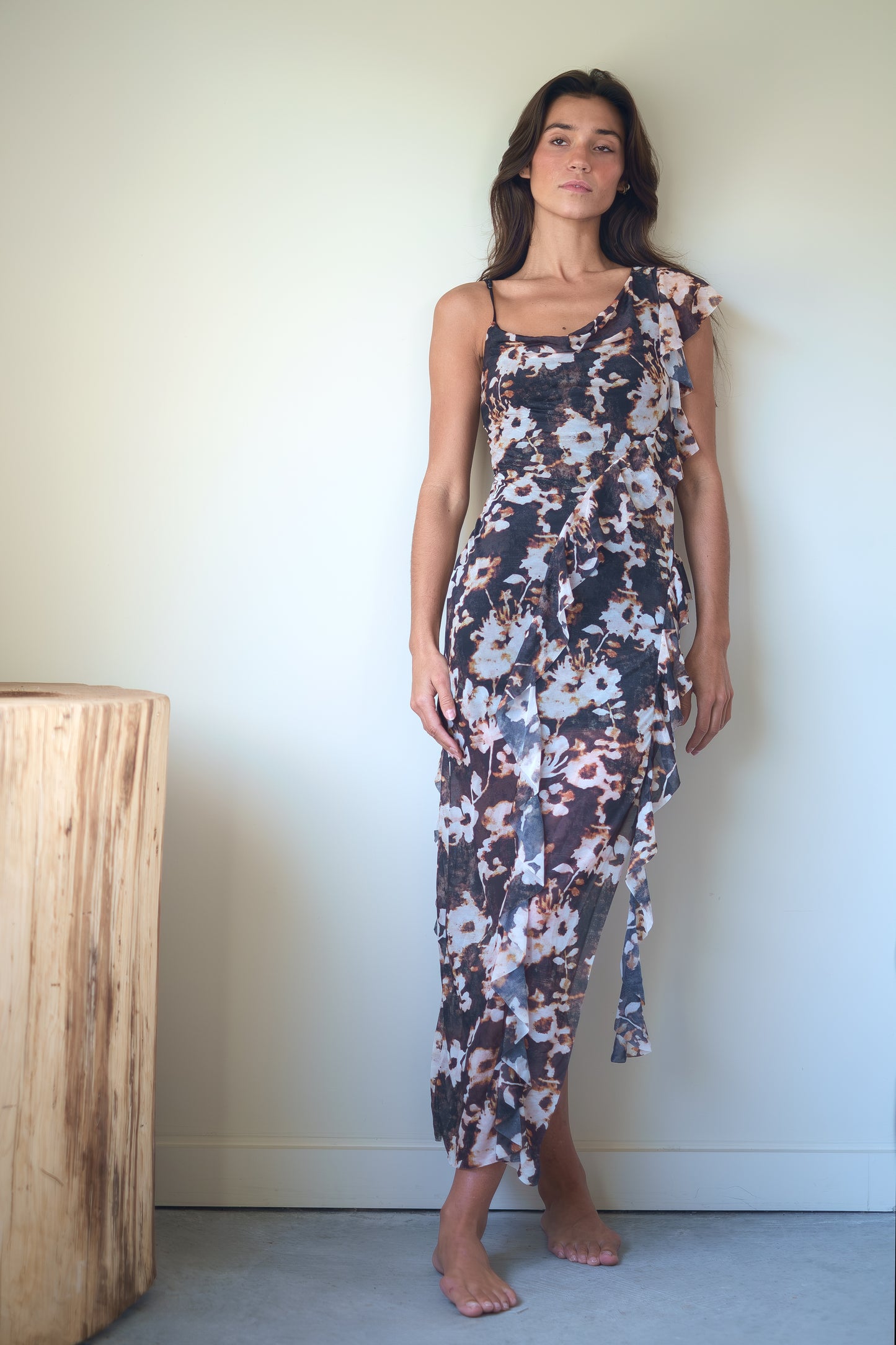 Esthe Waterfall Frill Asymmetric Dress in Burnt Blossom Print