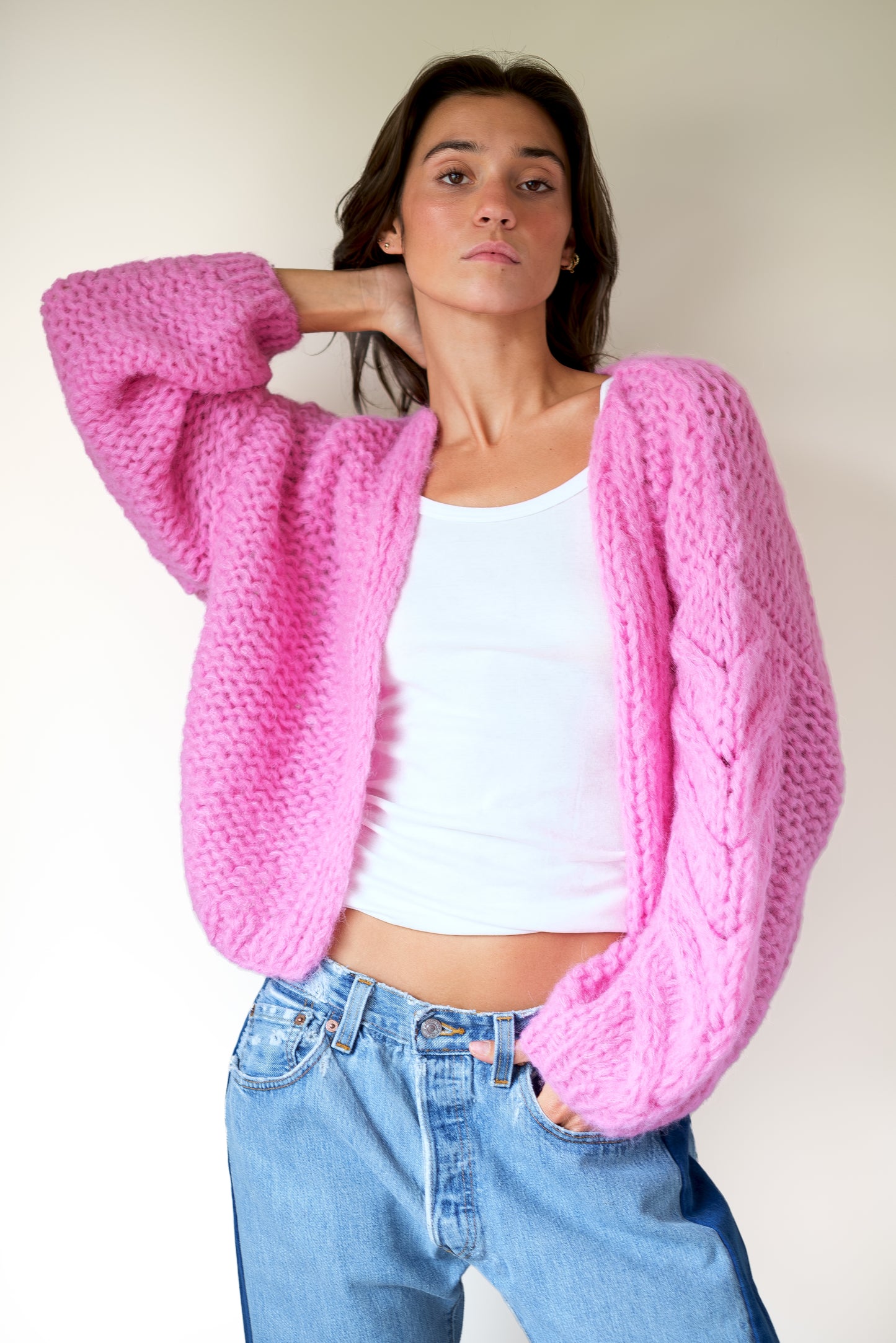 Maiami Fleecy Alpaca Cable Bomber Cardigan in Bonbon Pink