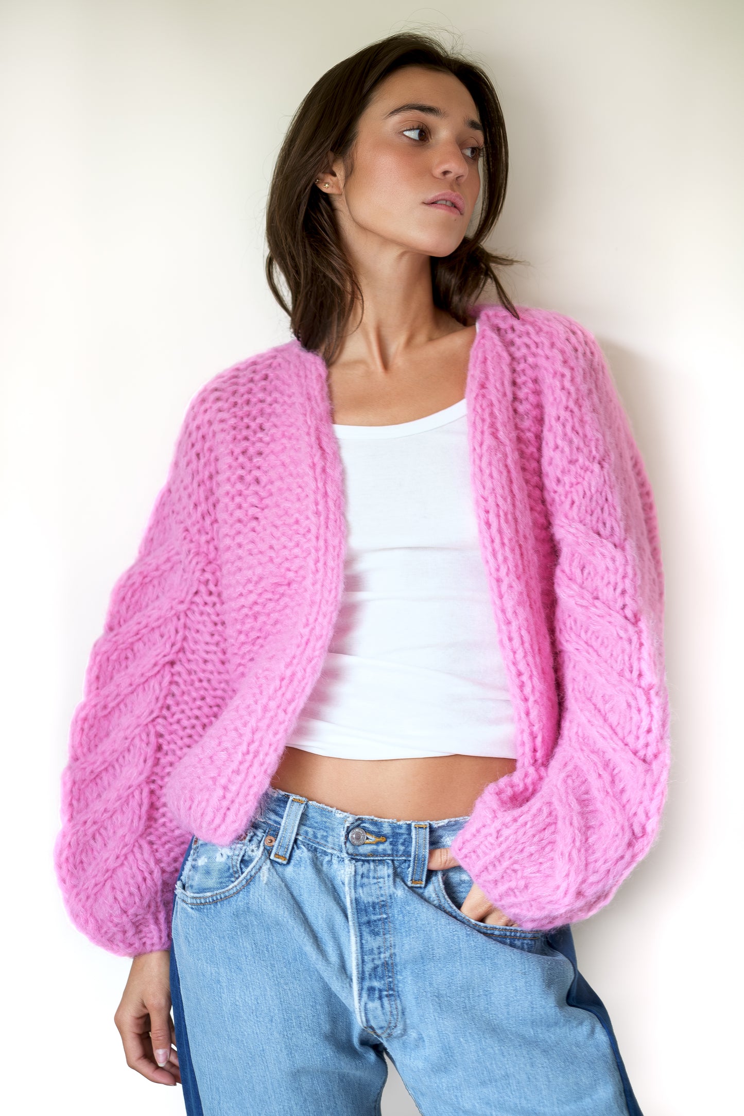 Maiami Fleecy Alpaca Cable Bomber Cardigan in Bonbon Pink