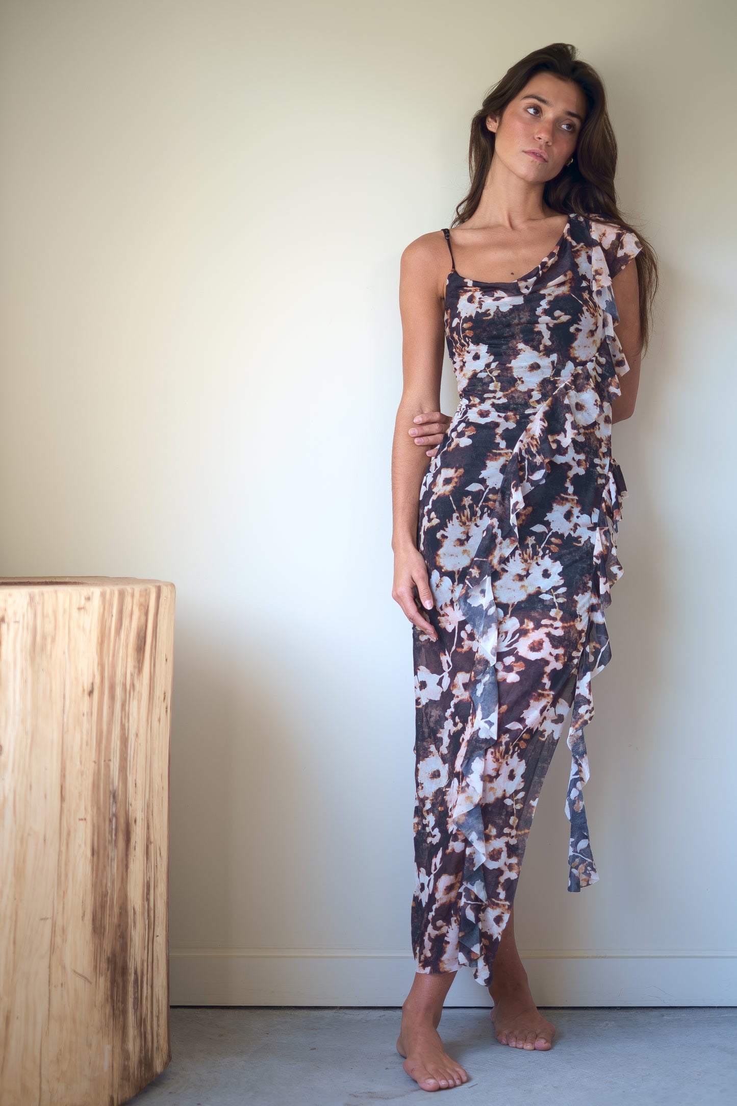 Esthe Waterfall Frill Asymmetric Dress in Burnt Blossom Print