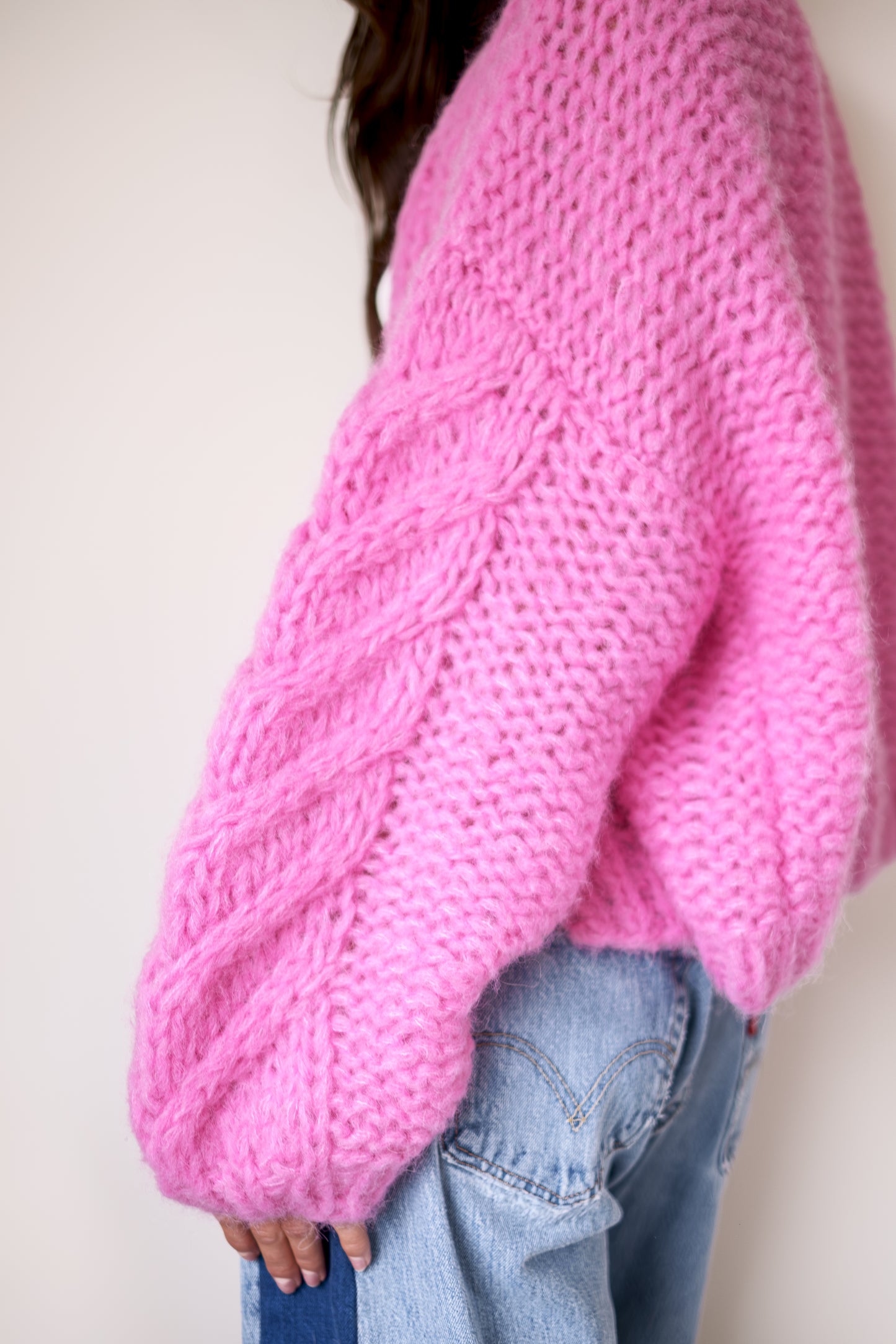 Maiami Fleecy Alpaca Cable Bomber Cardigan in Bonbon Pink