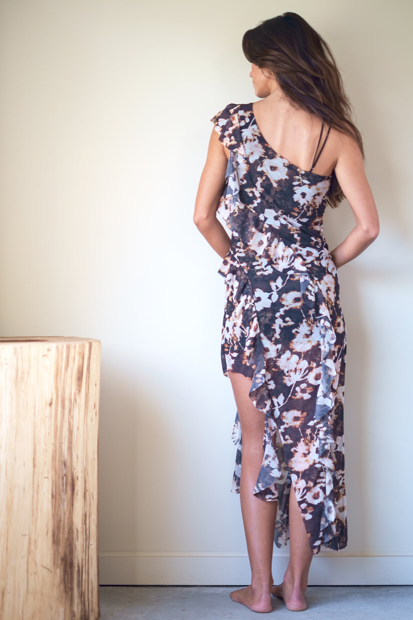 Esthe Waterfall Frill Asymmetric Dress in Burnt Blossom Print