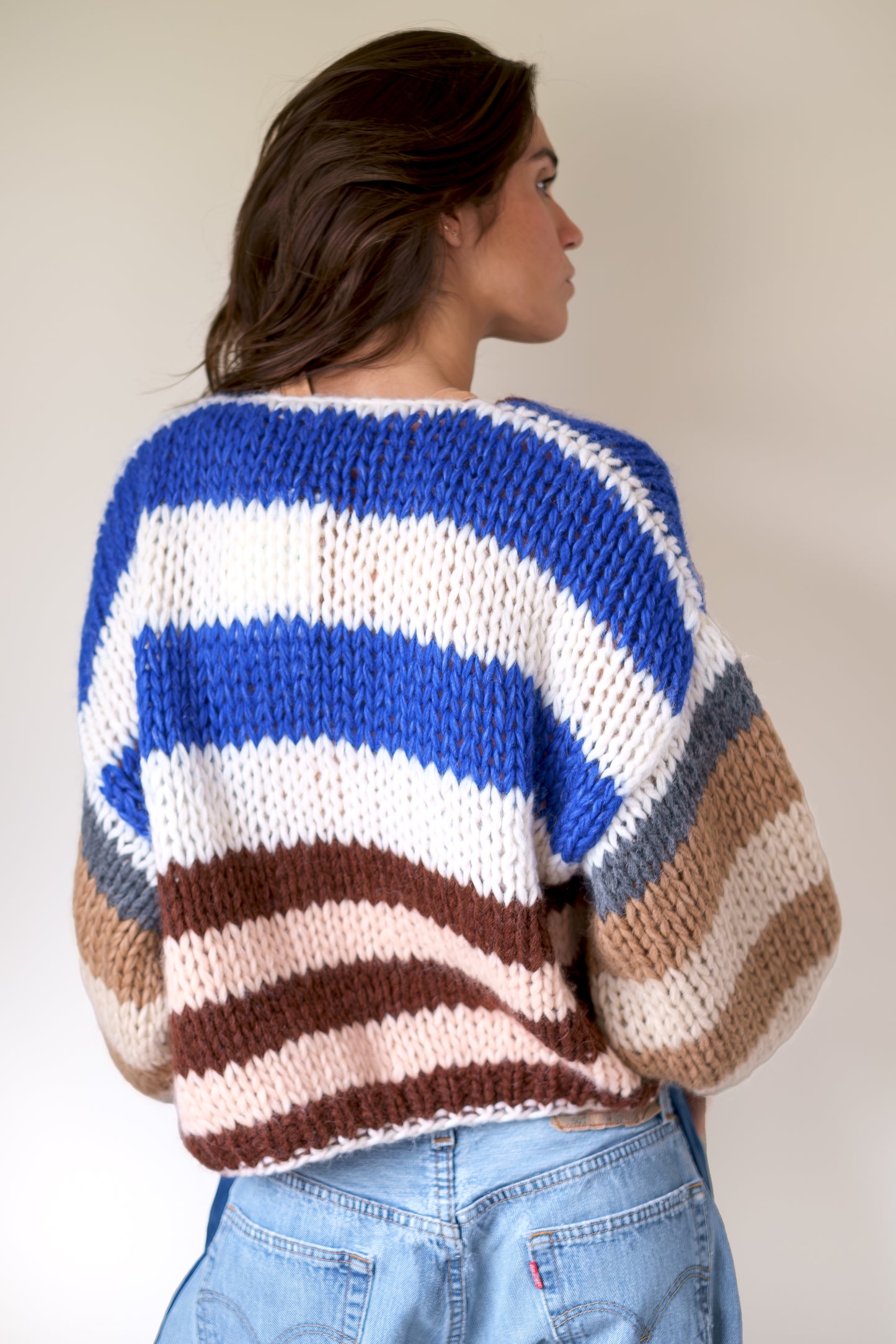Maiami Chunky Alpaca Bomber Cardigan in Nougat Stripes