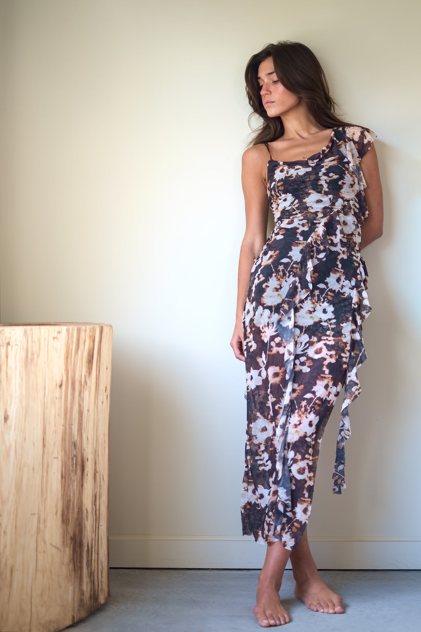 Esthe Waterfall Frill Asymmetric Dress in Burnt Blossom Print