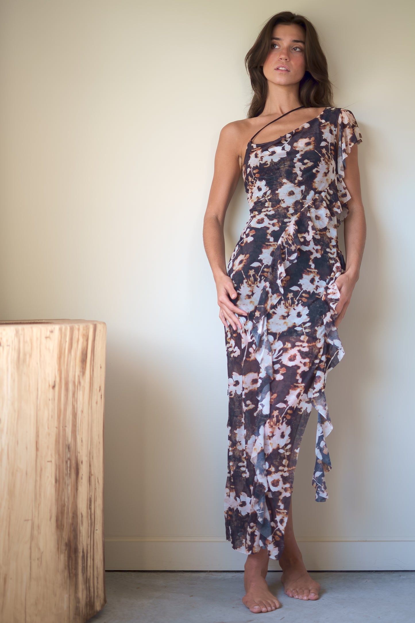 Esthe Waterfall Frill Asymmetric Dress in Burnt Blossom Print