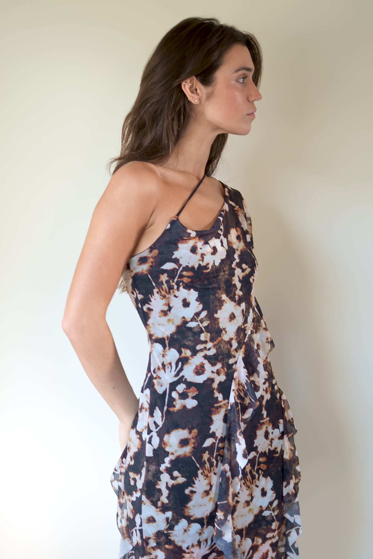 Esthe Waterfall Frill Asymmetric Dress in Burnt Blossom Print