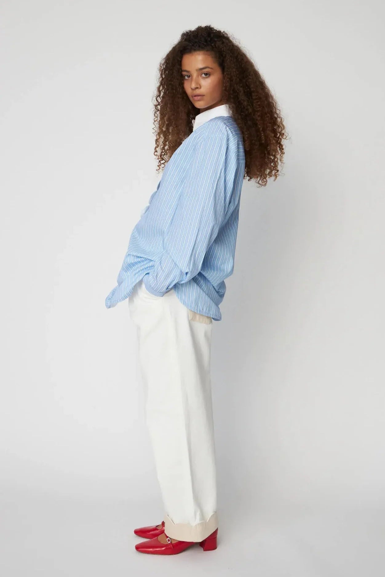 Stella Nova-Striped Shirt with Scallops in Creme Blue Stripes