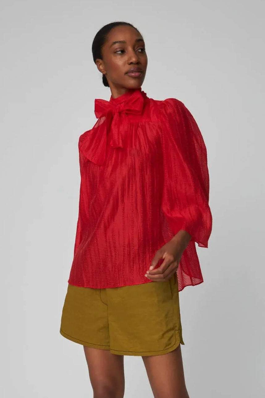 Stella Nova-Pointelle High-Neck Bow Blouse in Flame Red