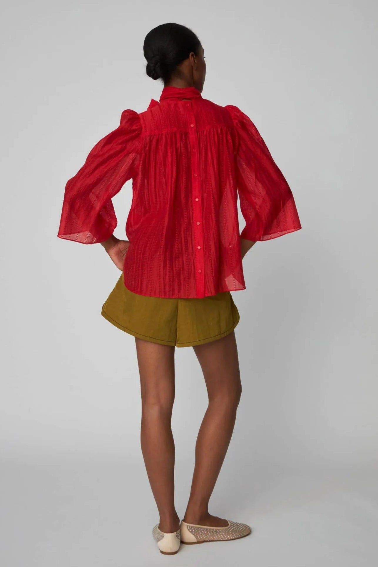 Stella Nova-Pointelle High-Neck Bow Blouse in Flame Red