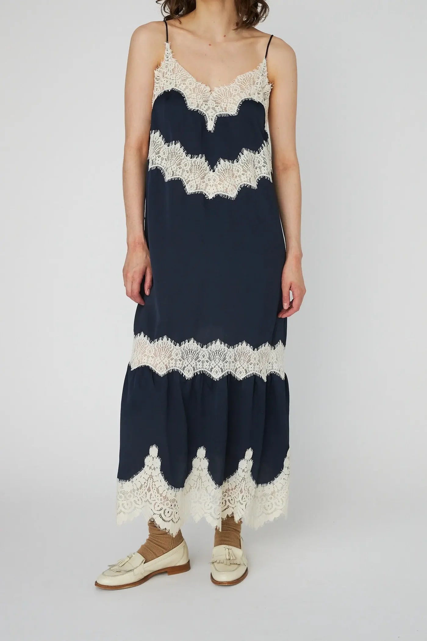 Stella Nova-Delicate Lace Slip Dress in Navy /Creme