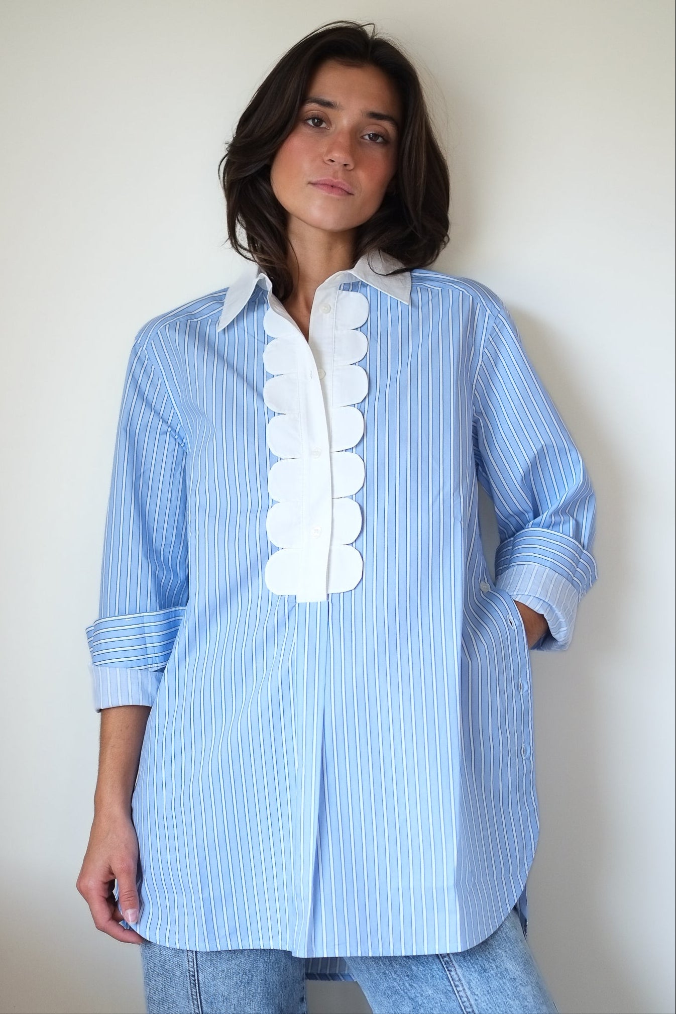Stella Nova-Striped Shirt with Scallops in Creme Blue Stripes