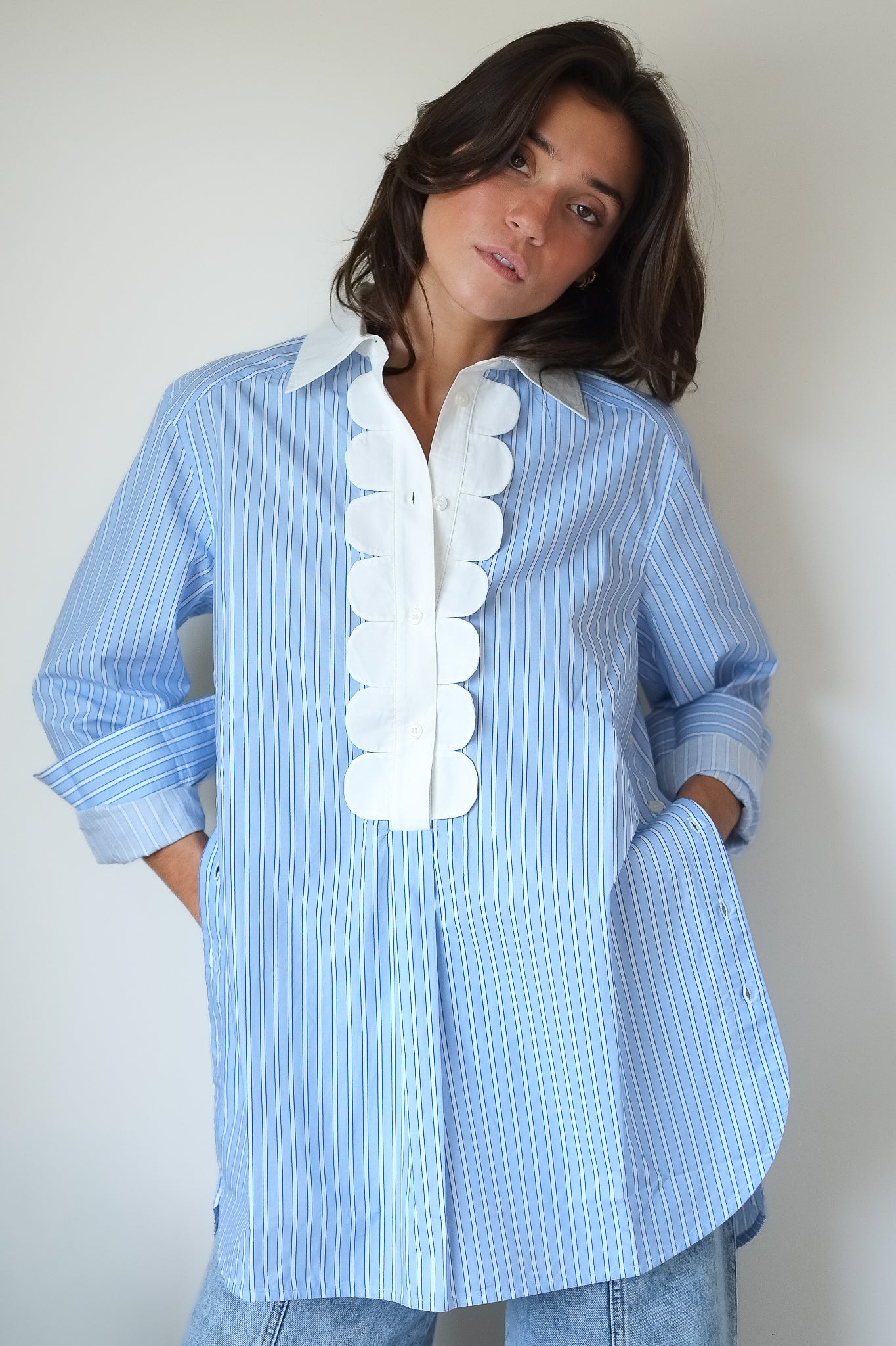 Stella Nova-Striped Shirt with Scallops in Creme Blue Stripes