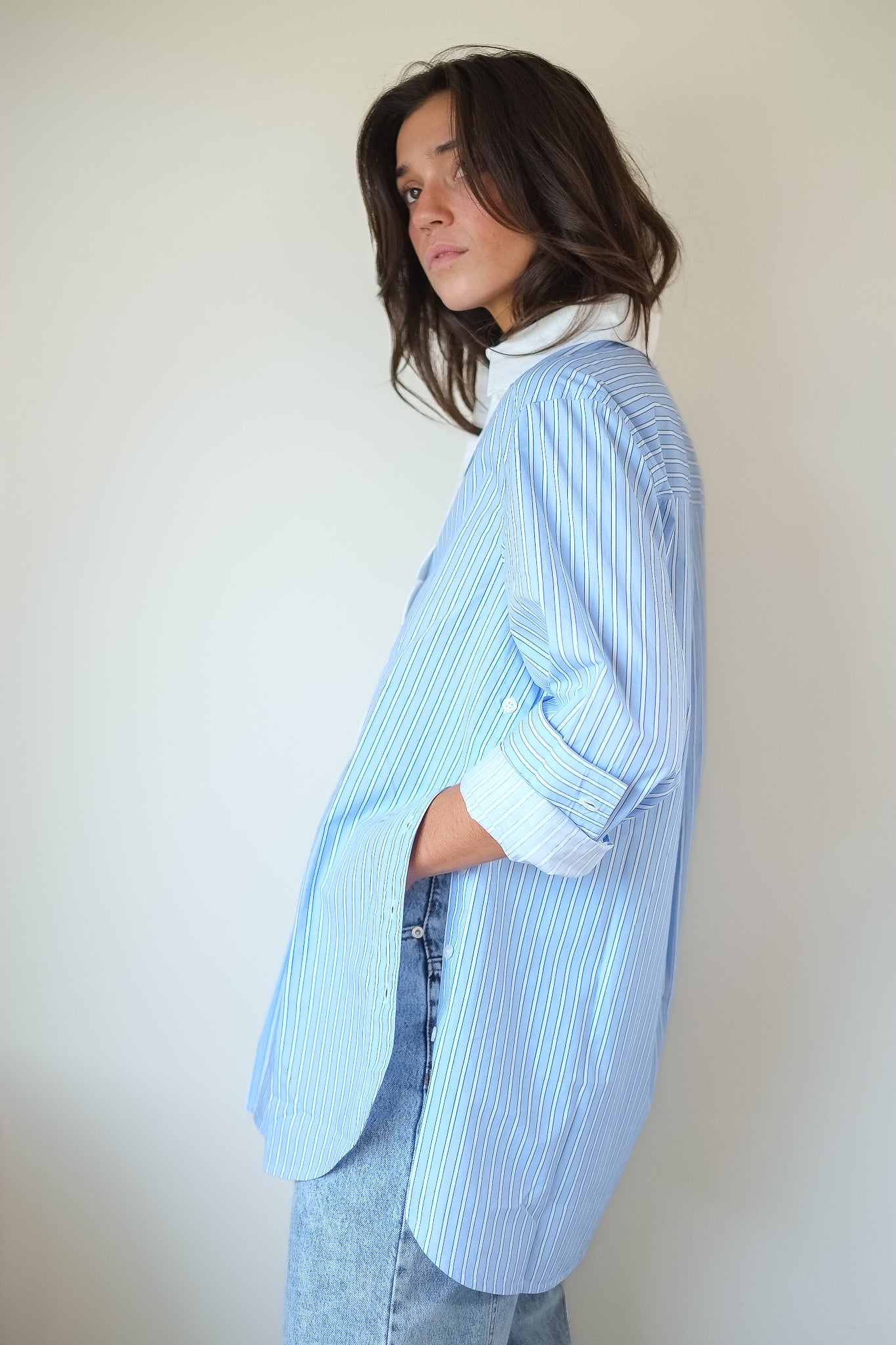 Stella Nova-Striped Shirt with Scallops in Creme Blue Stripes