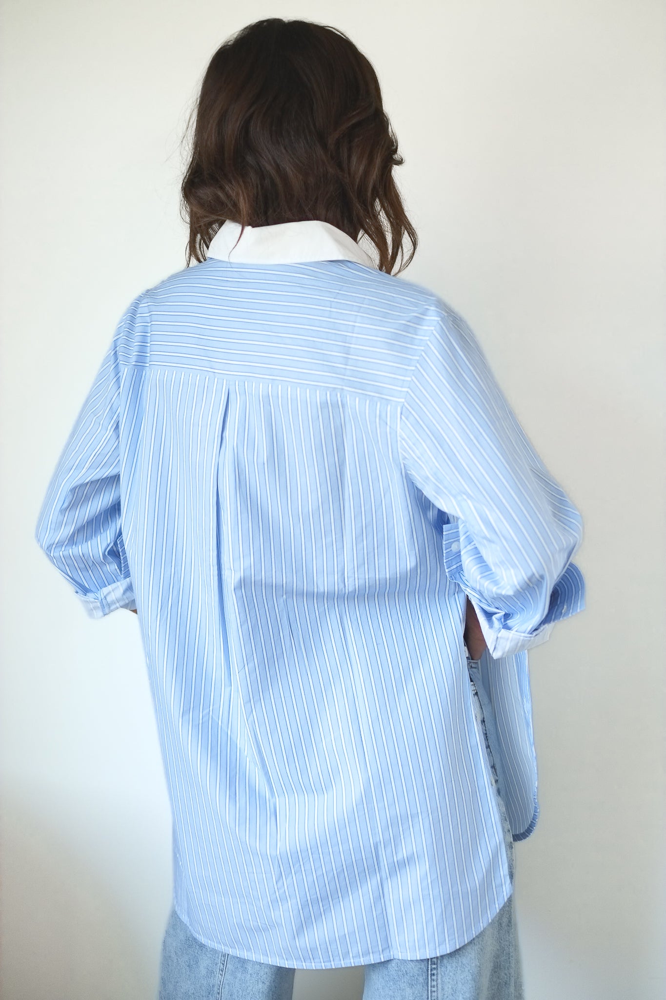 Stella Nova-Striped Shirt with Scallops in Creme Blue Stripes