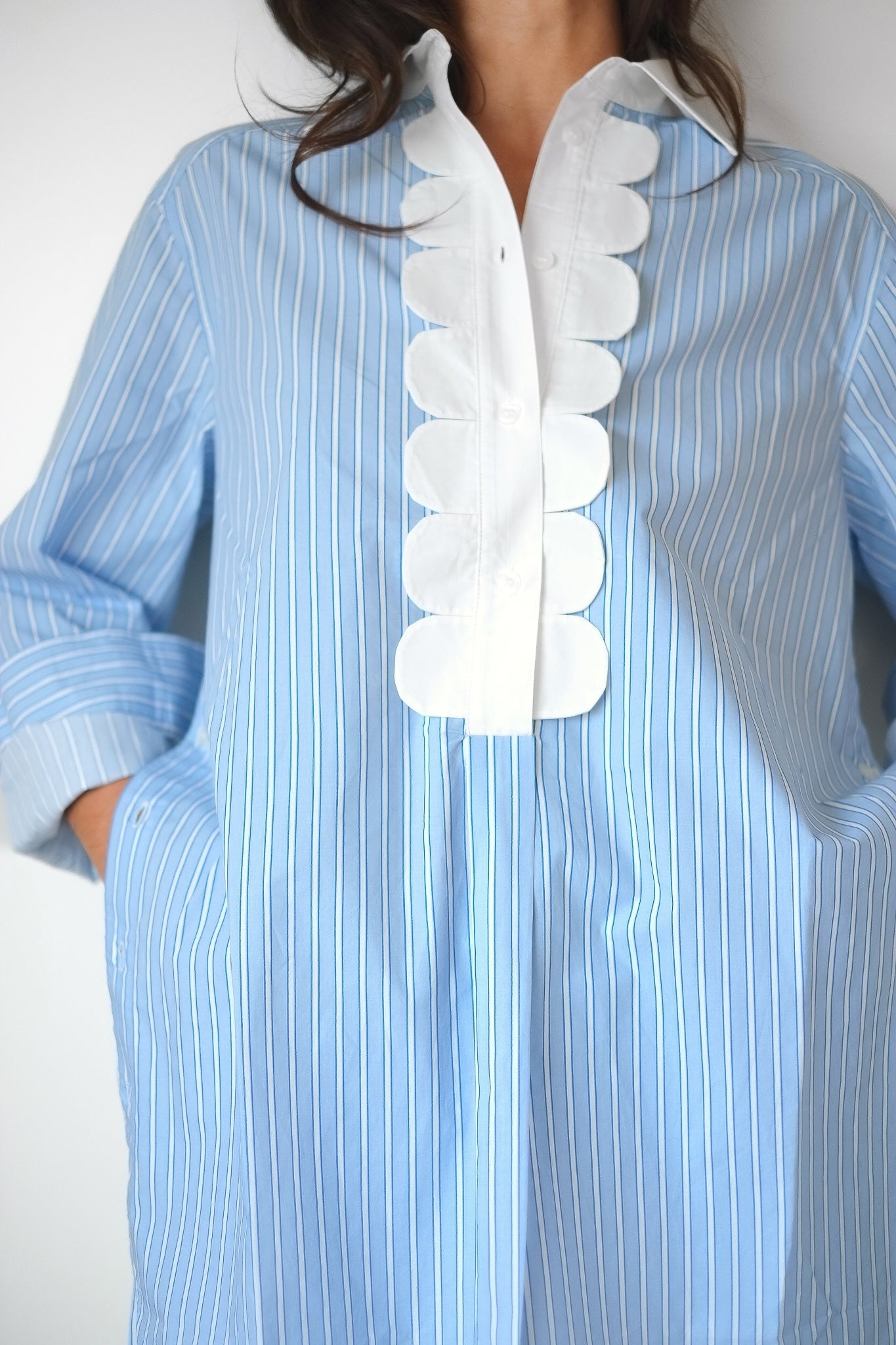 Stella Nova-Striped Shirt with Scallops in Creme Blue Stripes