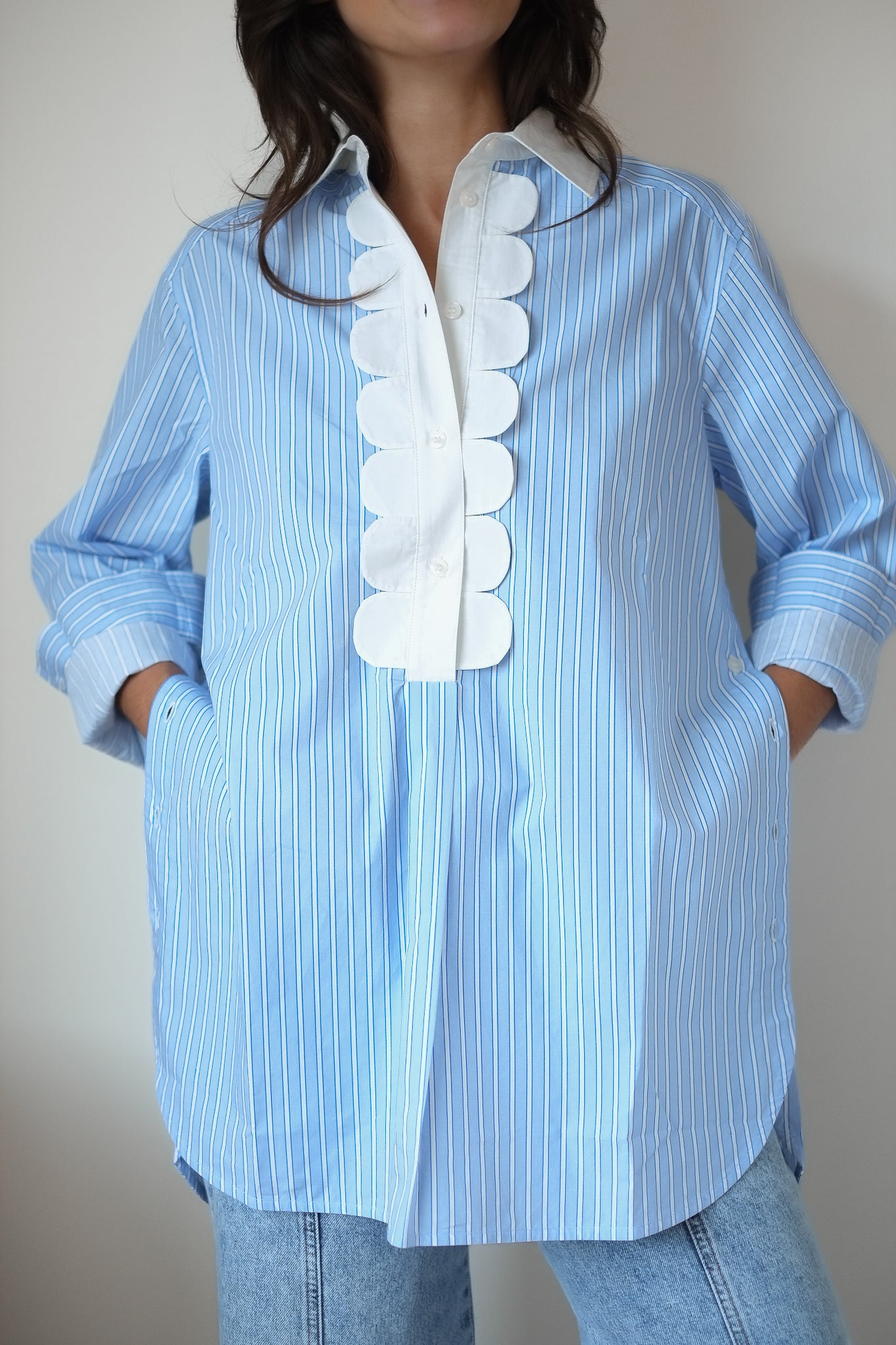 Stella Nova-Striped Shirt with Scallops in Creme Blue Stripes