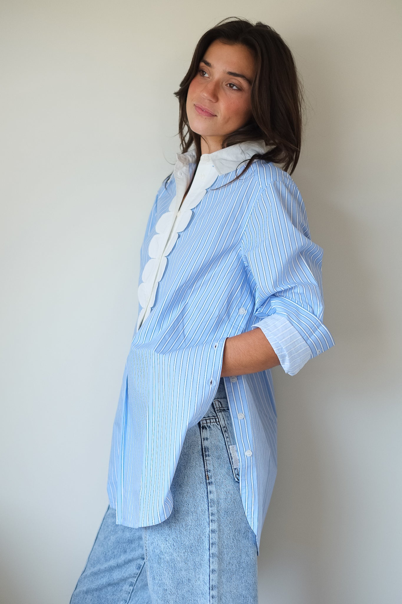 Stella Nova-Striped Shirt with Scallops in Creme Blue Stripes