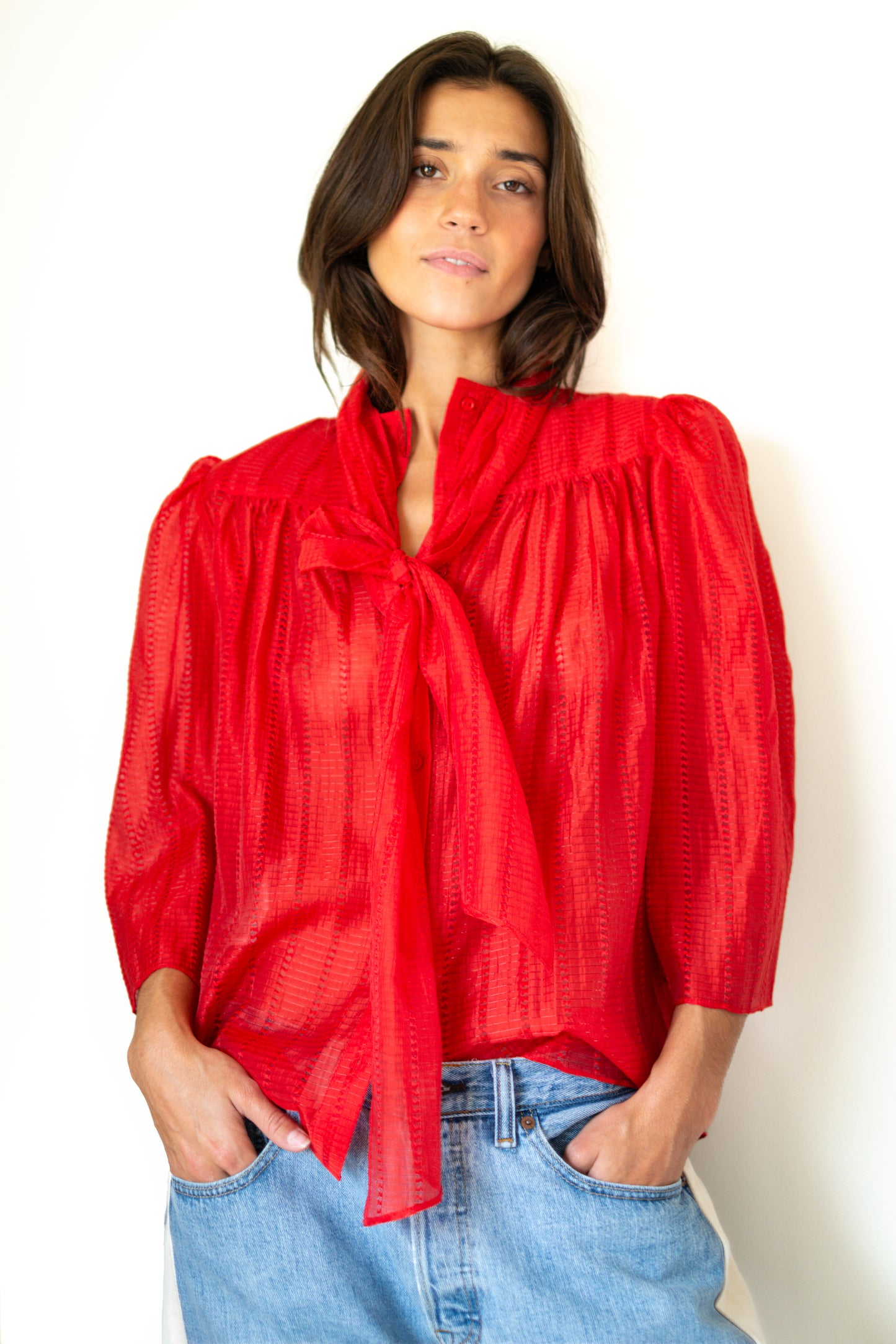 Stella Nova-Pointelle High-Neck Bow Blouse in Flame Red
