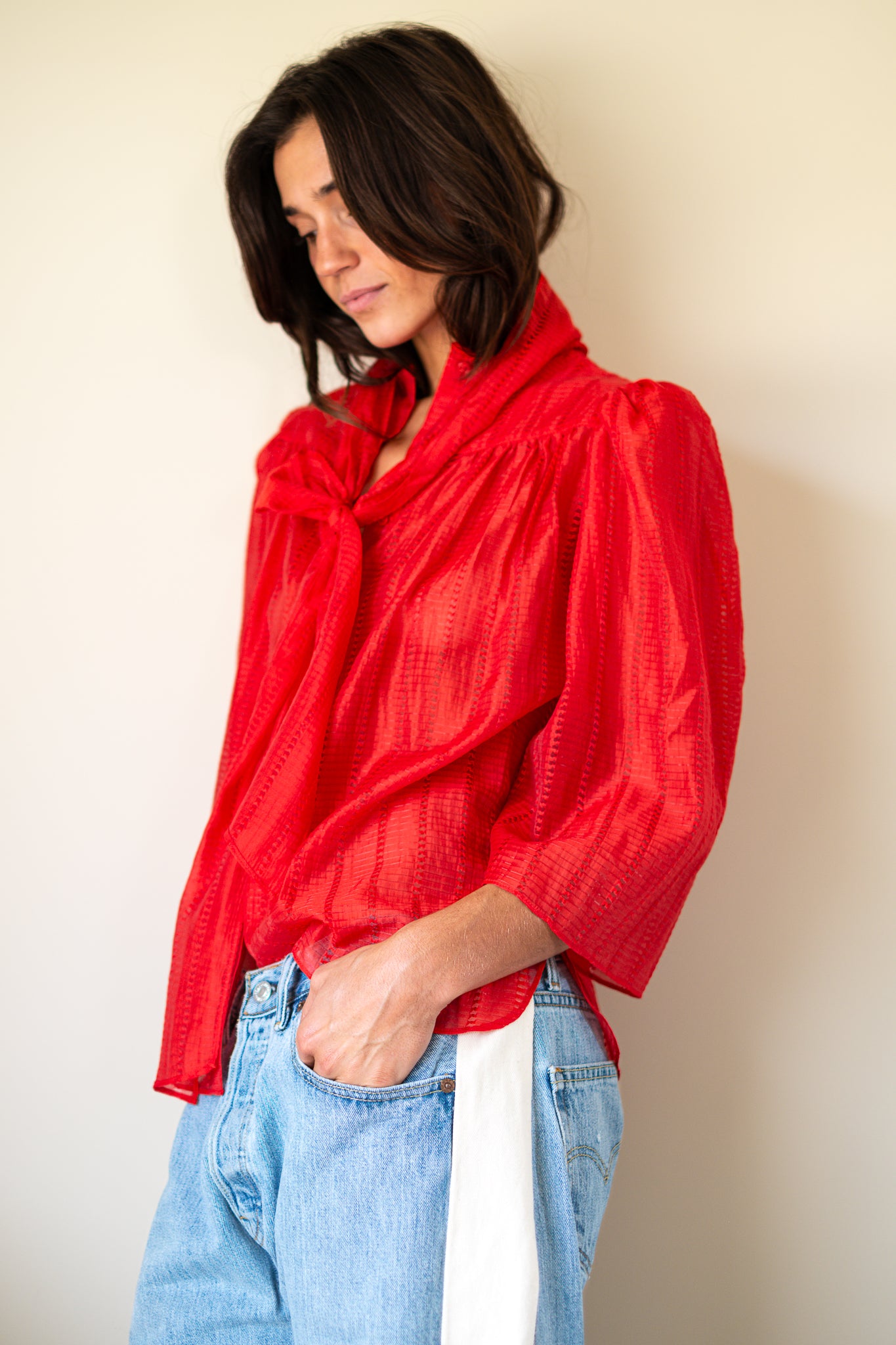 Stella Nova-Pointelle High-Neck Bow Blouse in Flame Red