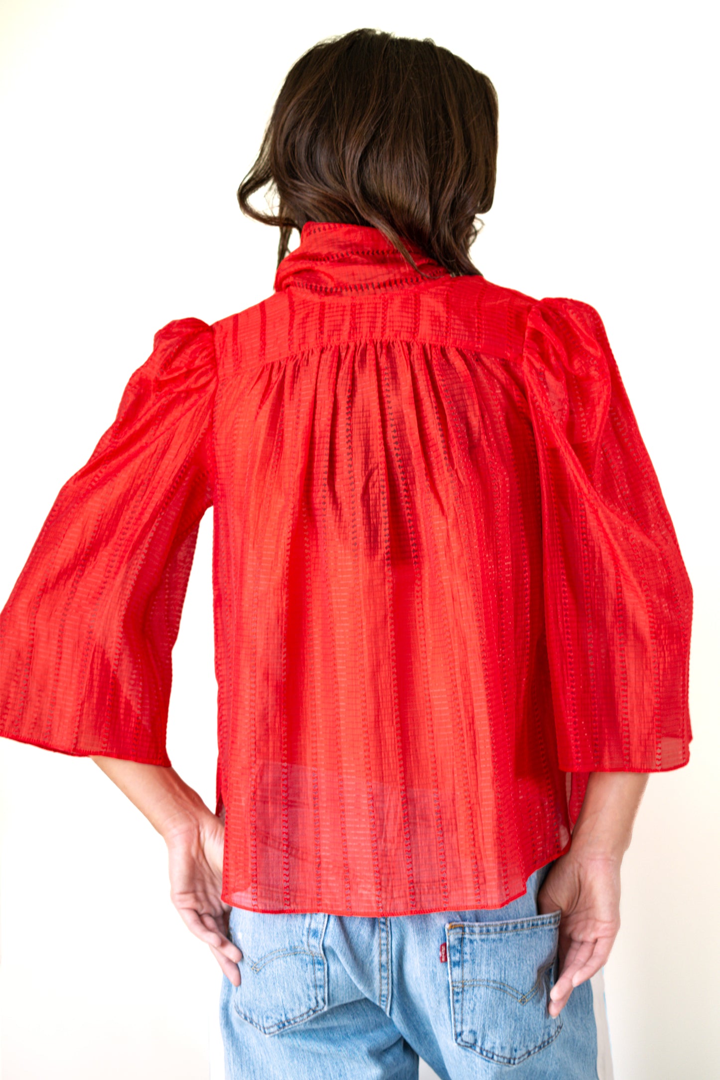 Stella Nova-Pointelle High-Neck Bow Blouse in Flame Red