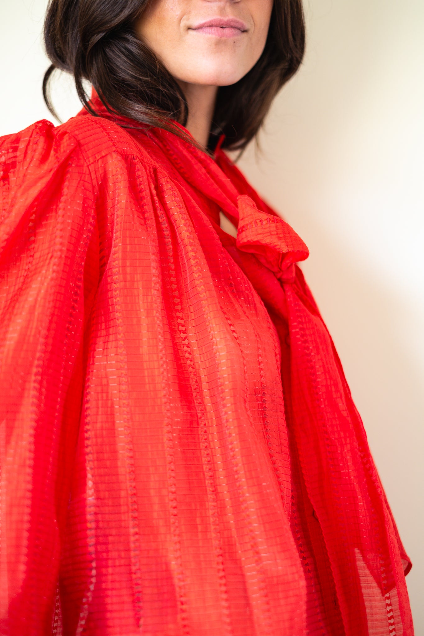 Stella Nova-Pointelle High-Neck Bow Blouse in Flame Red
