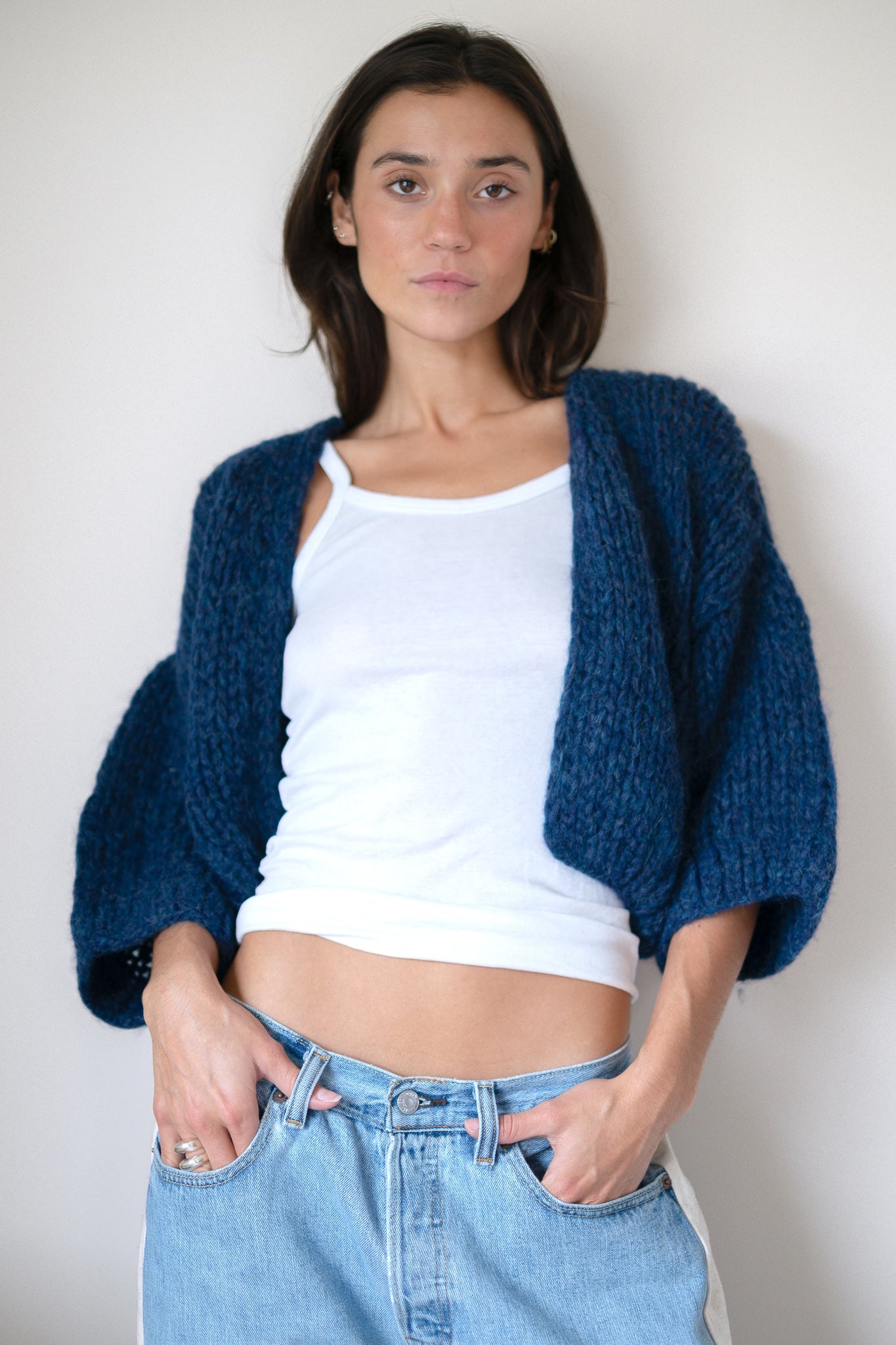 Maiami Alpaca Short Sleeve Cardigan in Denim Blue