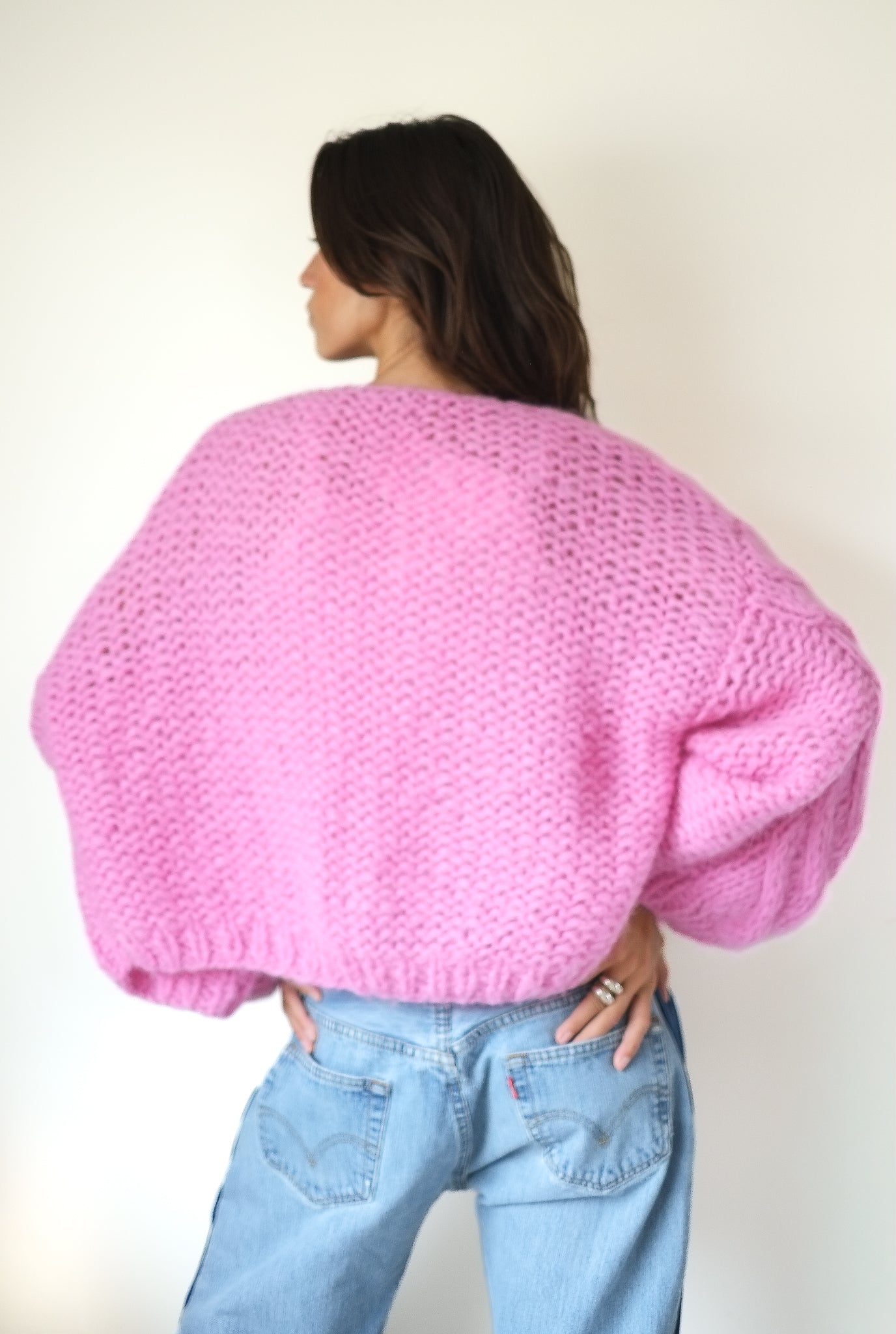 Maiami Fleecy Alpaca Cable Bomber Cardigan in Bonbon Pink