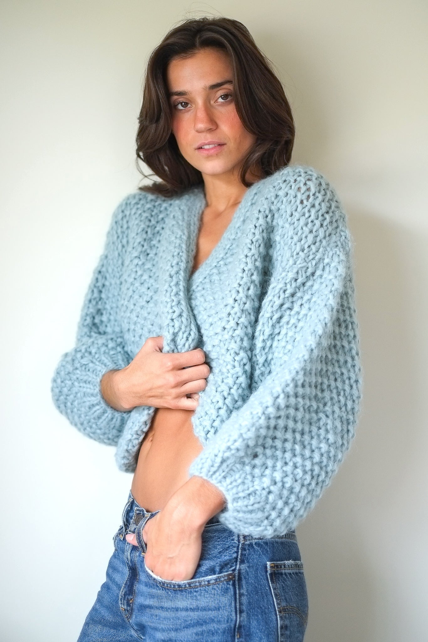 Maiami Chunky Alpaca Pearl Bomber Cardigan in Steel Green