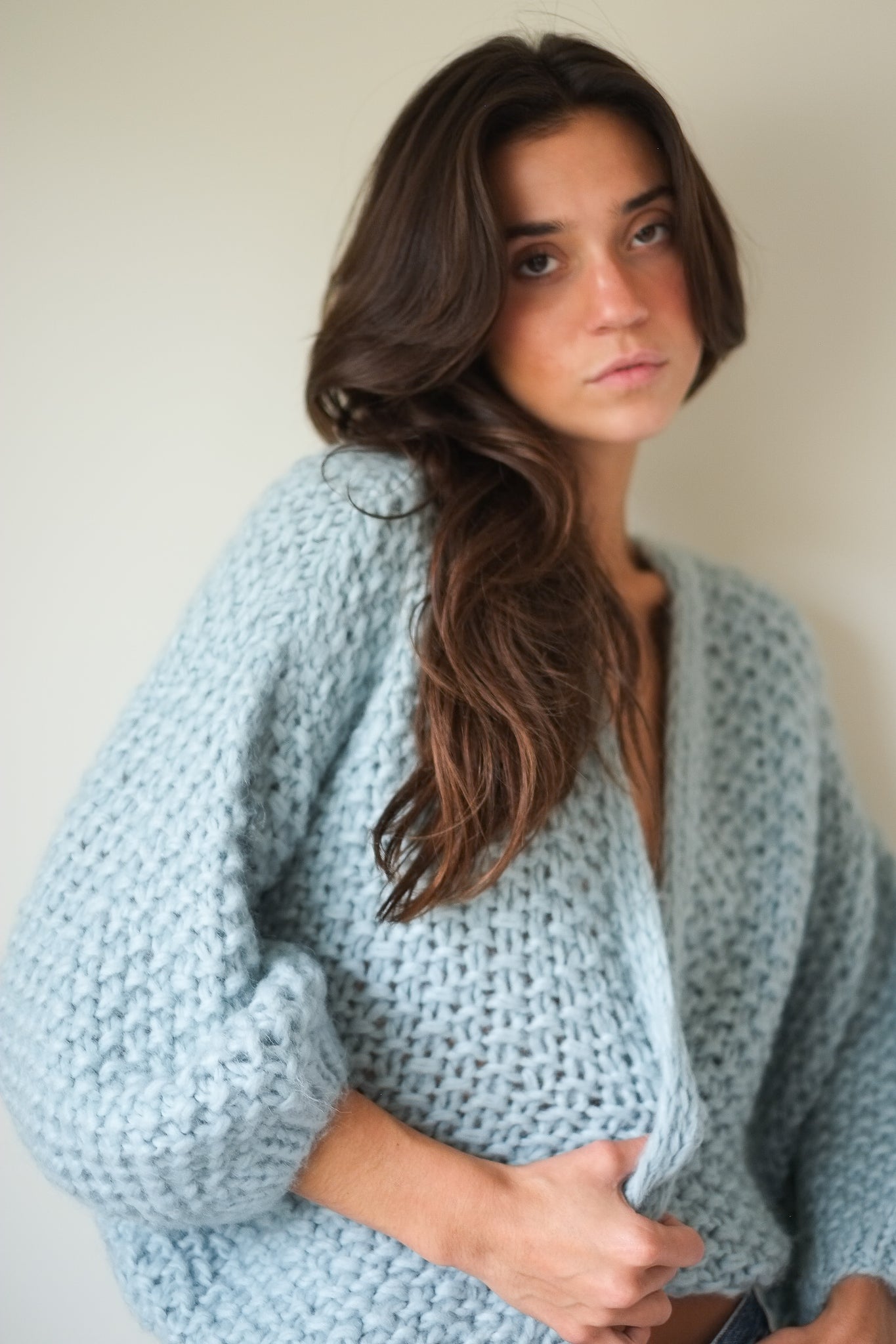 Maiami Chunky Alpaca Pearl Bomber Cardigan in Steel Green