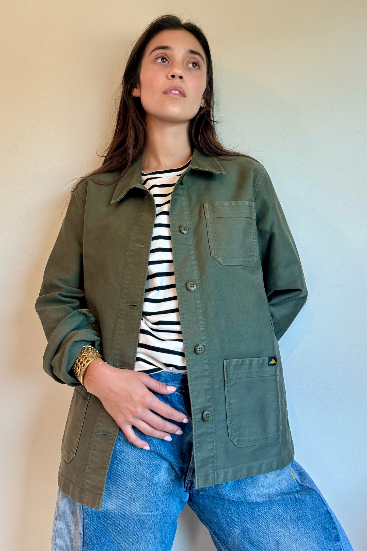 Le Mont S'Michel Moleskin Vintage Washed Work Jacket in Khaki