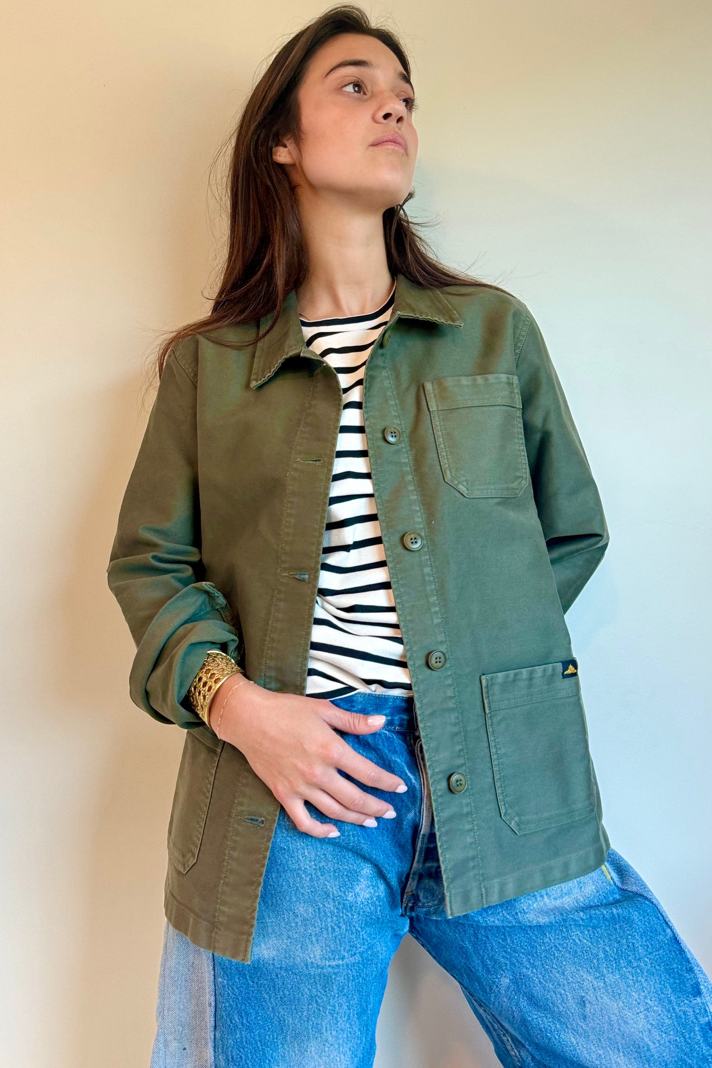 Le Mont S'Michel Moleskin Vintage Washed Work Jacket in Khaki