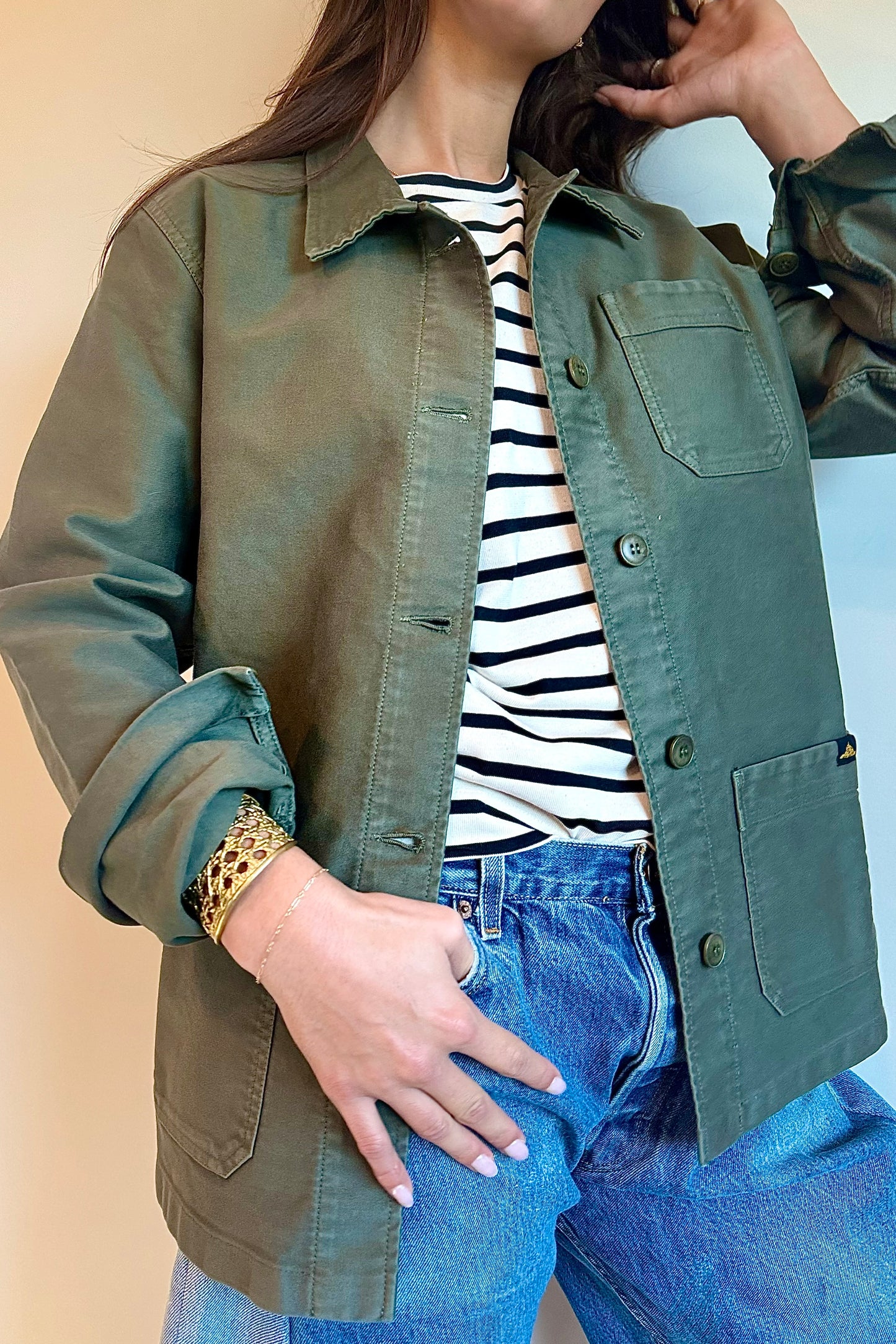 Le Mont S'Michel Moleskin Vintage Washed Work Jacket in Khaki