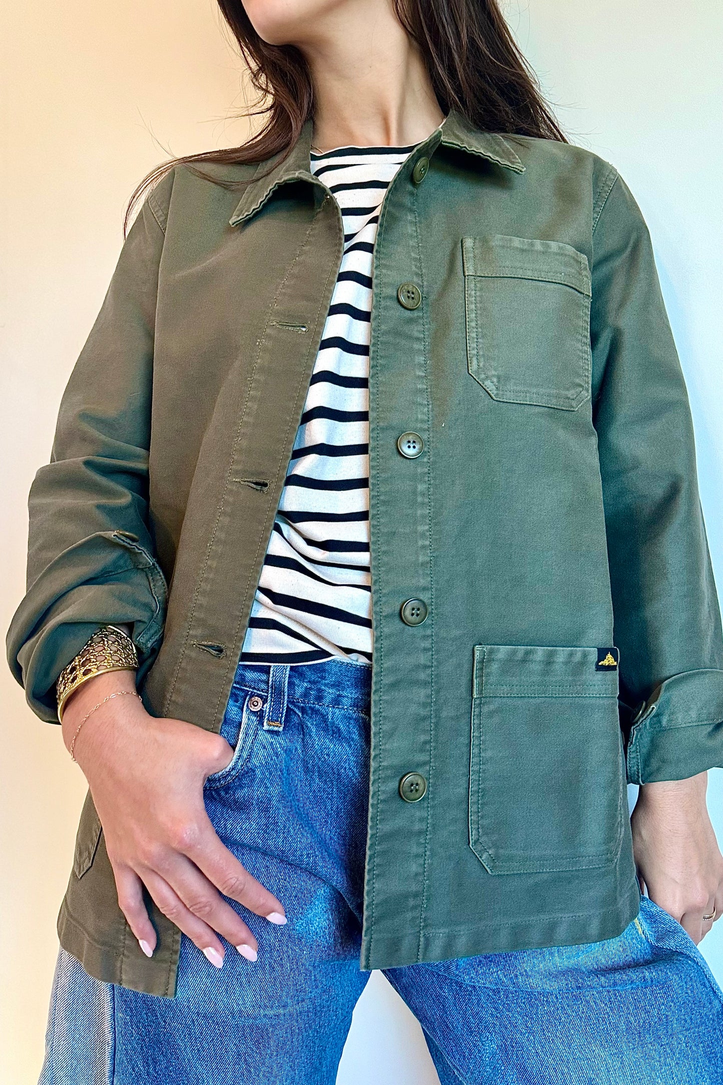 Le Mont S'Michel Moleskin Vintage Washed Work Jacket in Khaki