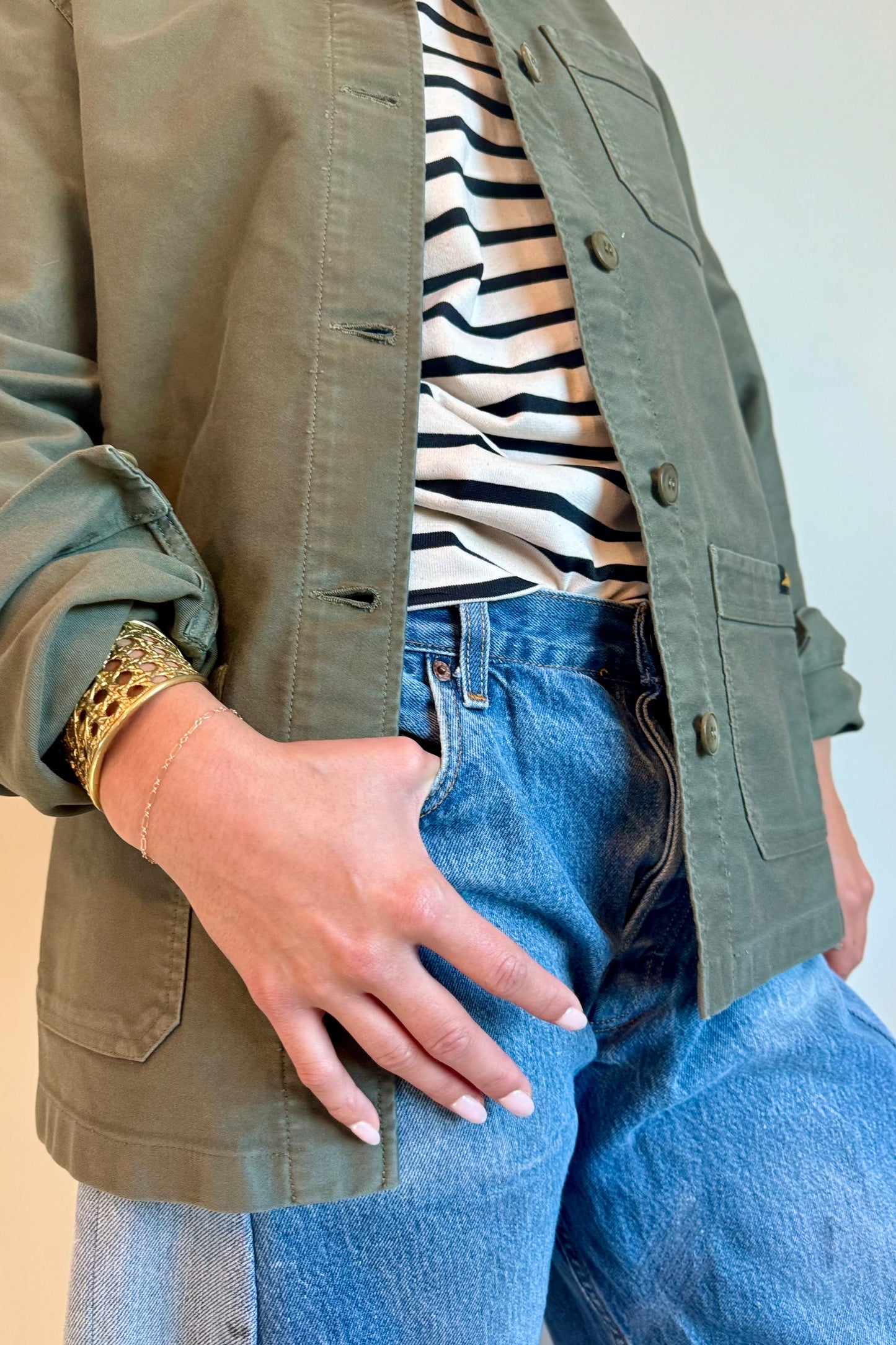 Le Mont S'Michel Moleskin Vintage Washed Work Jacket in Khaki