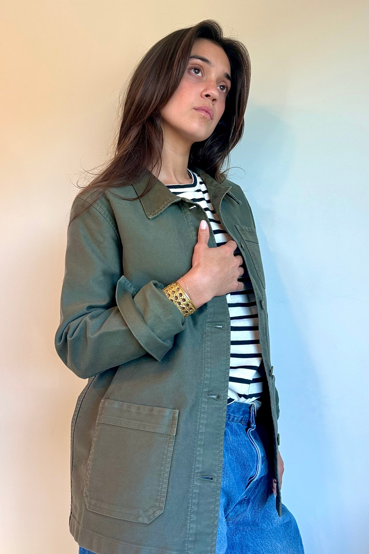 Le Mont S'Michel Moleskin Vintage Washed Work Jacket in Khaki