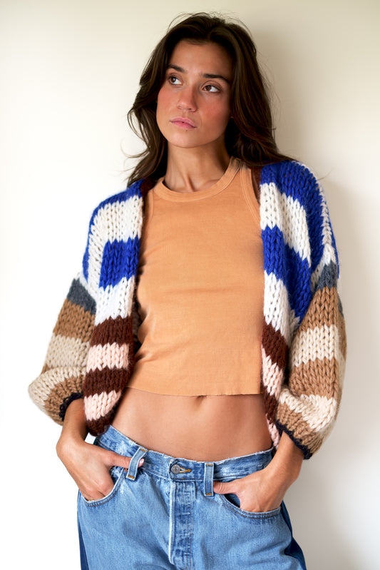 Maiami Chunky Alpaca Bomber Cardigan in Nougat Stripes