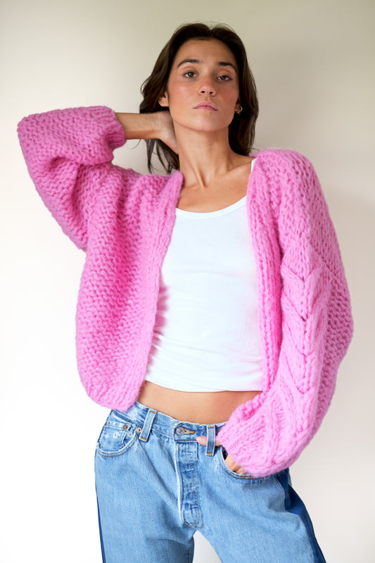 Maiami Fleecy Alpaca Cable Bomber Cardigan in Bonbon Pink
