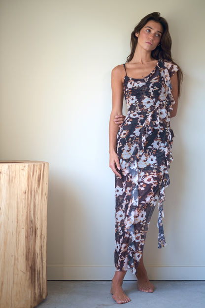 Esthe Waterfall Frill Asymmetric Dress in Burnt Blossom Print