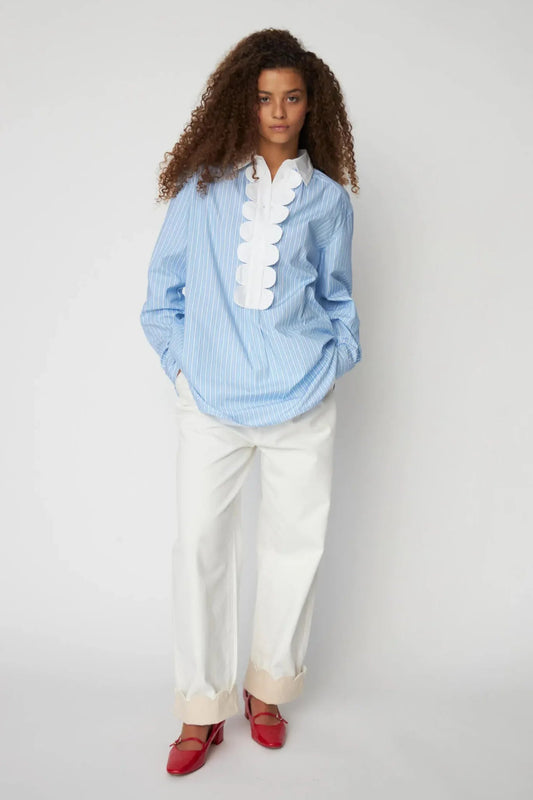 Stella Nova-Striped Shirt with Scallops in Creme Blue Stripes