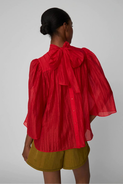 Stella Nova-Pointelle High-Neck Bow Blouse in Flame Red