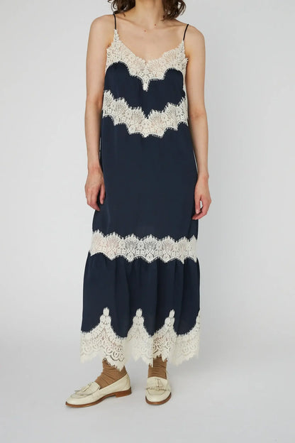 Stella Nova-Delicate Lace Slip Dress in Navy /Creme