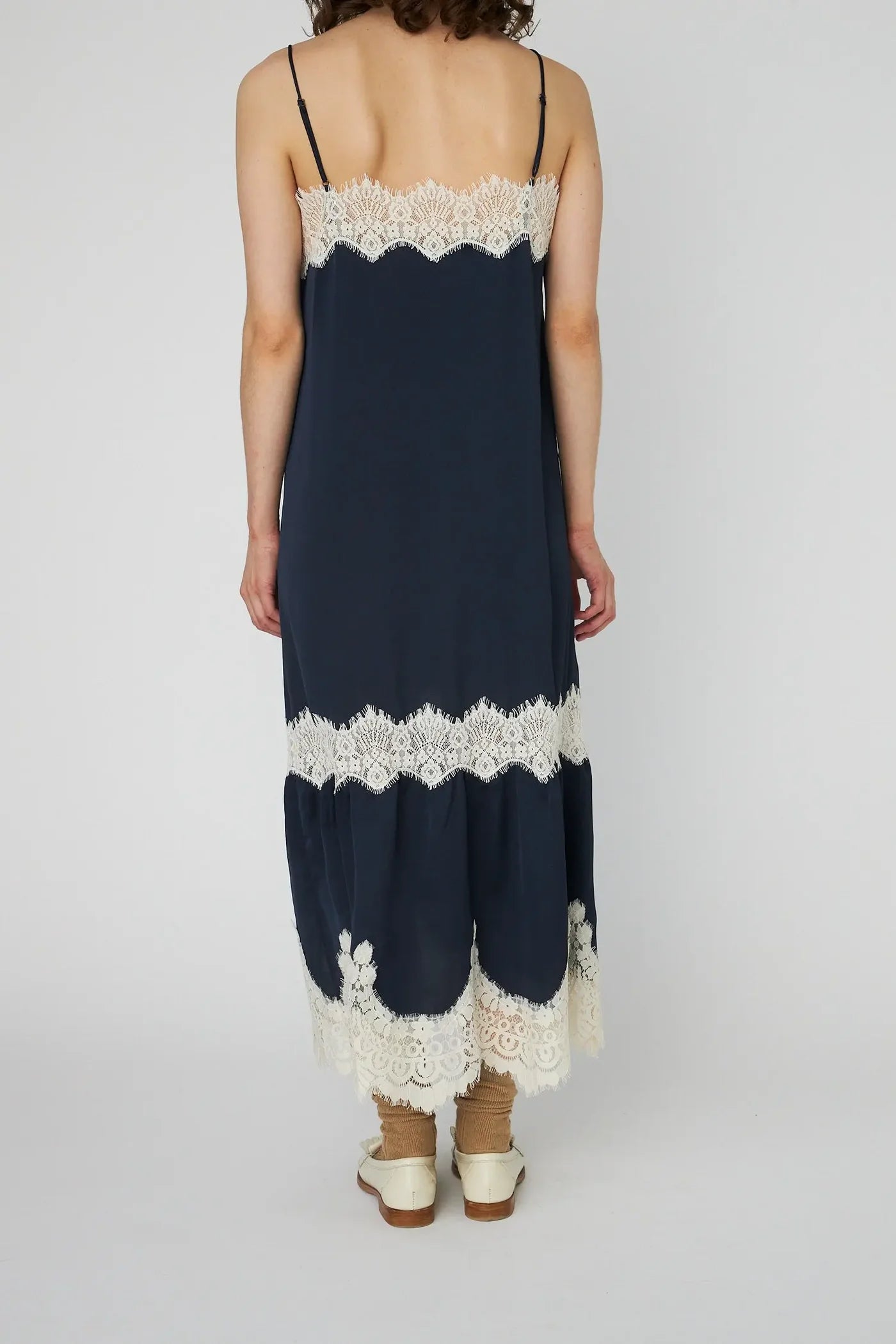 Stella Nova-Delicate Lace Slip Dress in Navy /Creme