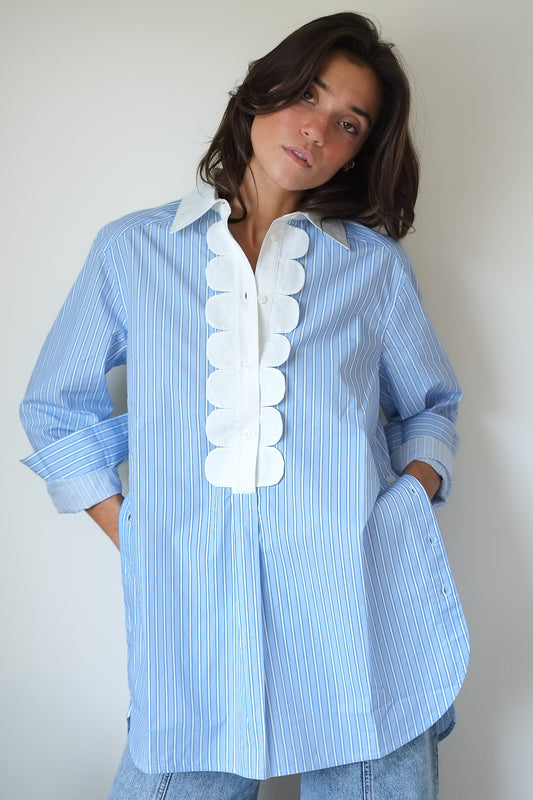 Stella Nova-Striped Shirt with Scallops in Creme Blue Stripes