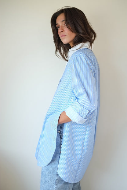 Stella Nova-Striped Shirt with Scallops in Creme Blue Stripes