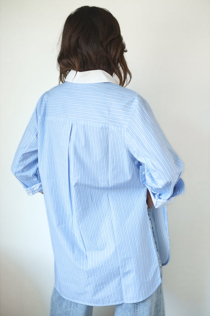 Stella Nova-Striped Shirt with Scallops in Creme Blue Stripes