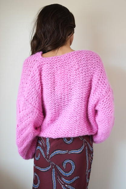 Maiami Fleecy Alpaca Cable Bomber Cardigan in Bonbon Pink