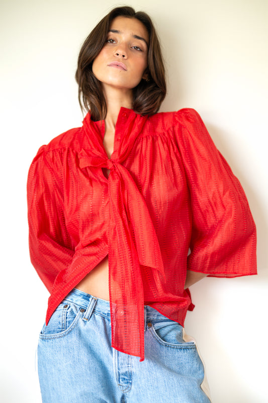 Stella Nova-Pointelle High-Neck Bow Blouse in Flame Red