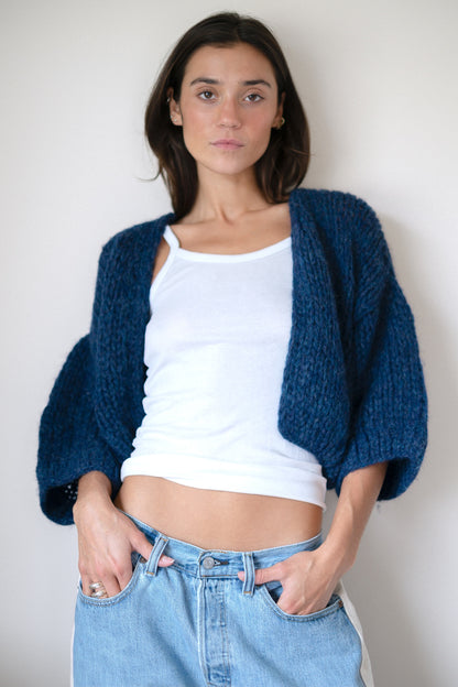 Maiami Alpaca Short Sleeve Cardigan in Denim Blue