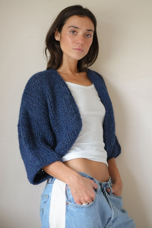 Maiami Alpaca Short Sleeve Cardigan in Denim Blue